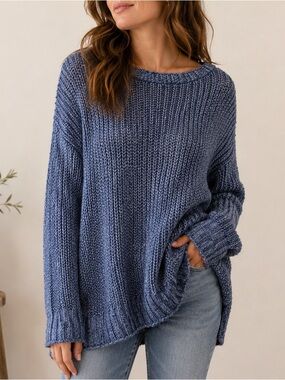 Lou & Grey Blue Oversized Knit Sweater XS Relaxed Long Sleeve Pullover